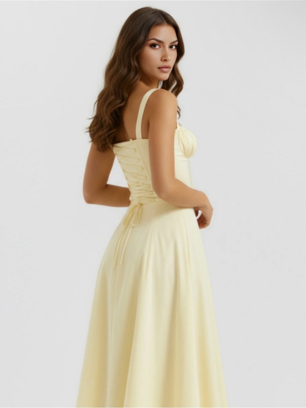 Aurora
Light Yellow Cotton Midi Dress with Corset & Side Split - Picture 3 of 4